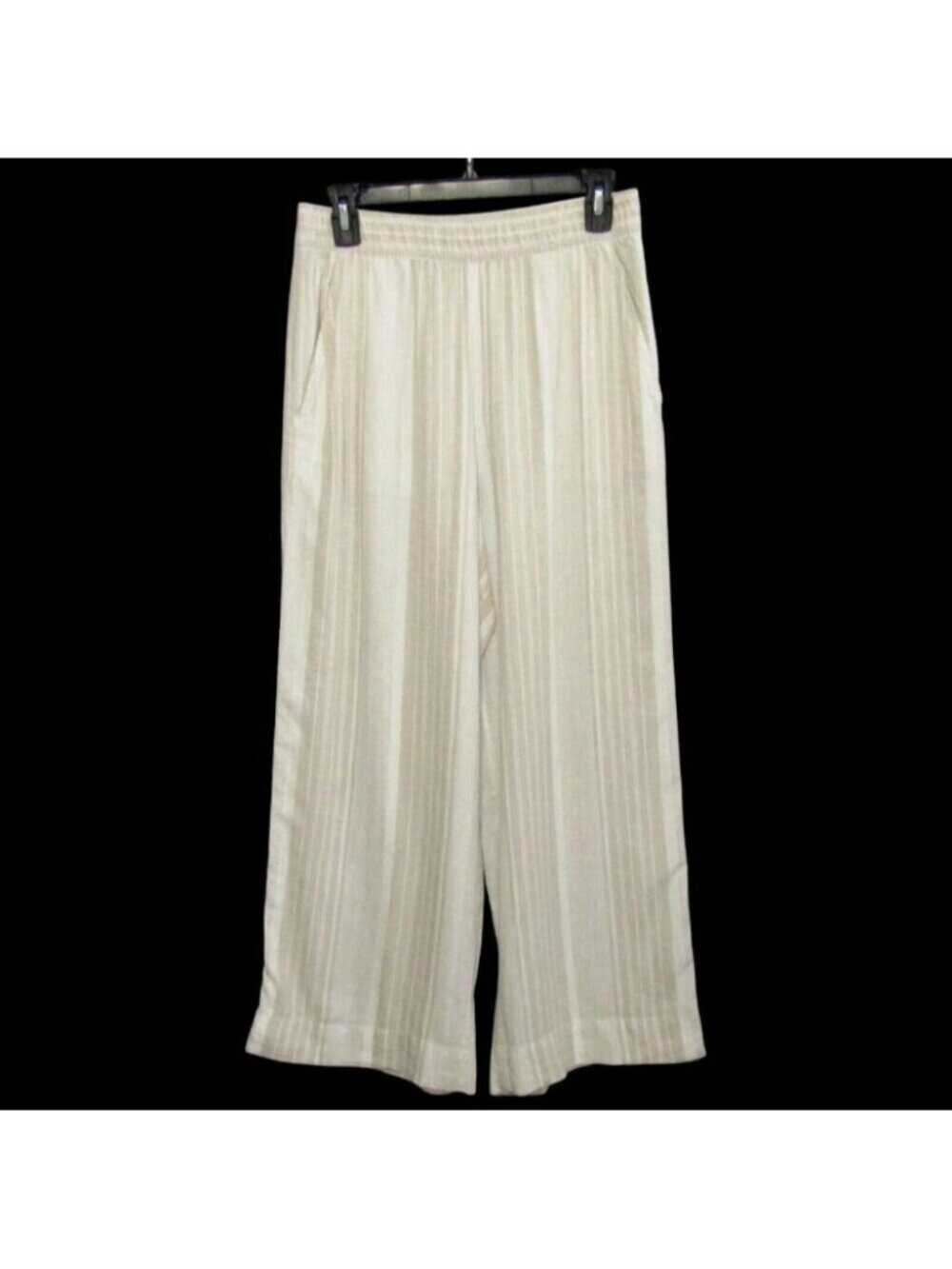 Tahari Beige Stripe Wide Leg Linen Blend Pants Size S Elastic Waist Pull On